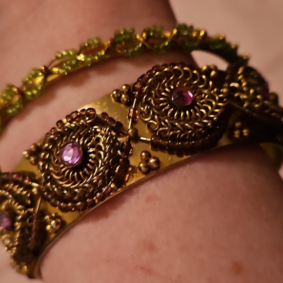 Gold plated, Purple and Green Gemstones, Two Bracelet Set - Picture 1 of 5